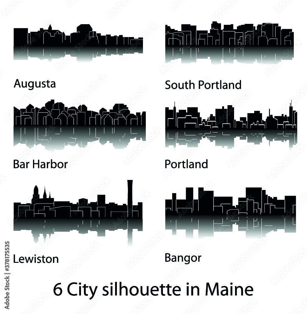 Set of 6 City silhouette in Maine ( Augusta, Bar Harbor, South Portland, Portland, Lewiston, Bangor )