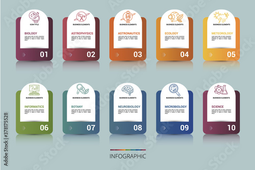 Infographic Science template. Icons in different colors. Include Science, Microbiology, Informatics, Neurobiology and others.
