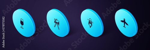 Set Isometric Plane, Scooter, Easel or painting art boards and Wine glass icon. Vector.