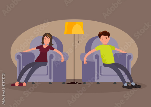 Tired man and woman came home from work and sit in a soft chair.
