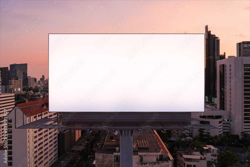 Blank white road billboard with Bangkok cityscape background at night time. Street advertising poster, mock up, 3D rendering. Front view. The concept of marketing communication to promote idea. Blank white road billboard with Bangkok cityscape background at night time. Street advertising poster, mock up, 3D rendering. Front view. The concept of marketing communication to promote idea.