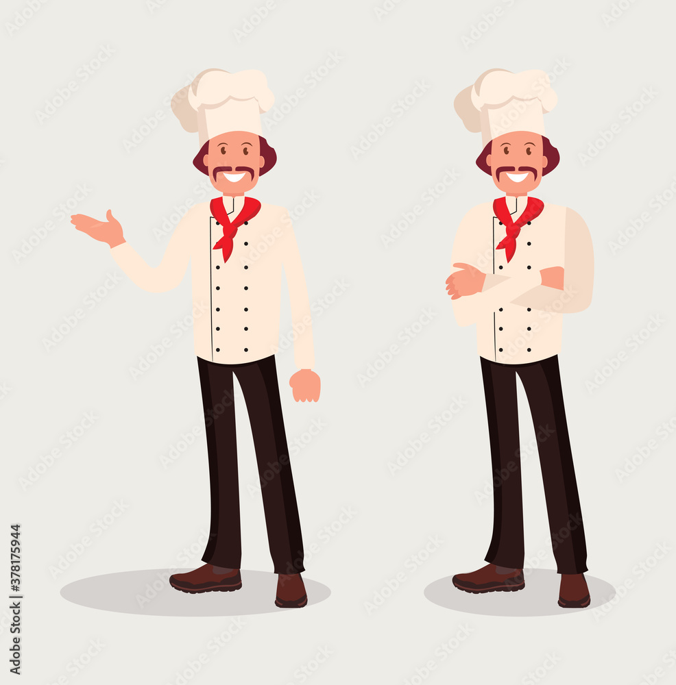 Chef cook in two poses. Vector illustration. Chef cook in two poses. Vector illustration.
