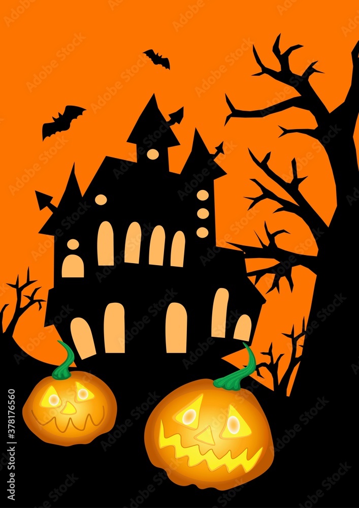 Halloween poster with spooky house, tree, bats black silhouette on orange background, with pumpkins, stock vector illustration for design and decoration, banner, postcard, holiday, halloween