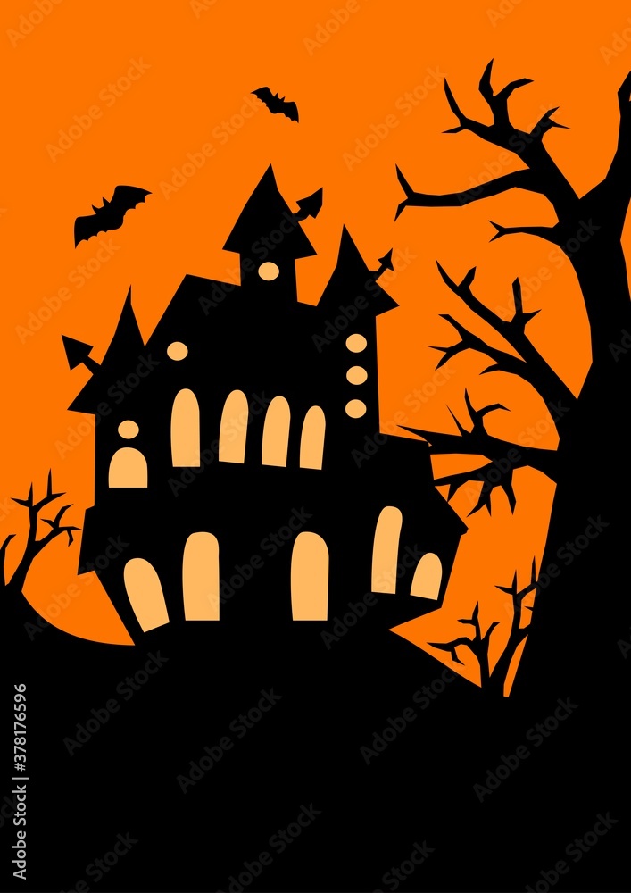 Halloween poster with big castle and tree, bats black silhouettes on orange background, stock vector illustration for design and decoration, banner, postcard, holiday, halloween, invitation