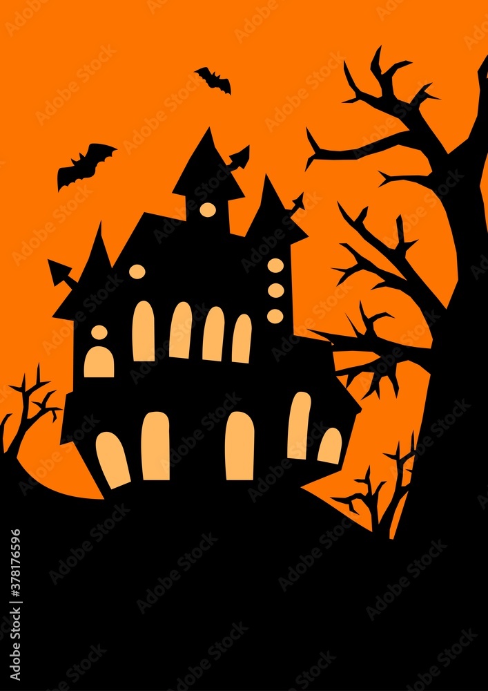 Halloween poster with big castle and tree, bats black silhouettes on orange background, stock vector illustration for design and decoration, banner, postcard, holiday, halloween, invitation Halloween poster with big castle and tree, bats black silhouettes on orange background, stock vector illustration for design and decoration, banner, postcard, holiday, halloween, invitation