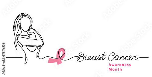 Breast cancer line art background with woman and pink ribbon. Simple vector web banner. One continuous line drawing with text breast cancer.
