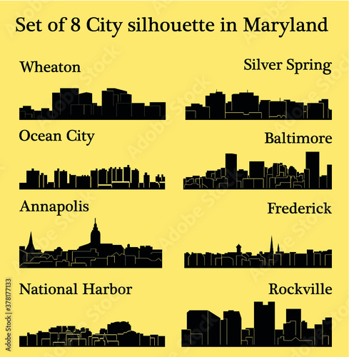 8 city silhouette in Maryland ( Ocean City, Annapolis, National Harbor, Silver Sping, Rockville, Wheaton, Baltimore, Frederick )