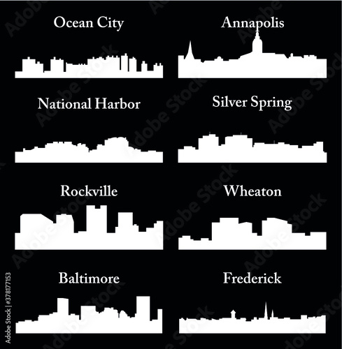 8 city silhouette in Maryland ( Ocean City, Annapolis, National Harbor, Silver Sping, Rockville, Wheaton, Baltimore, Frederick )