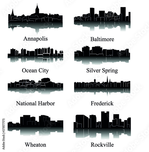 8 city silhouette in Maryland ( Ocean City, Annapolis, National Harbor, Silver Sping, Rockville, Wheaton, Baltimore, Frederick )