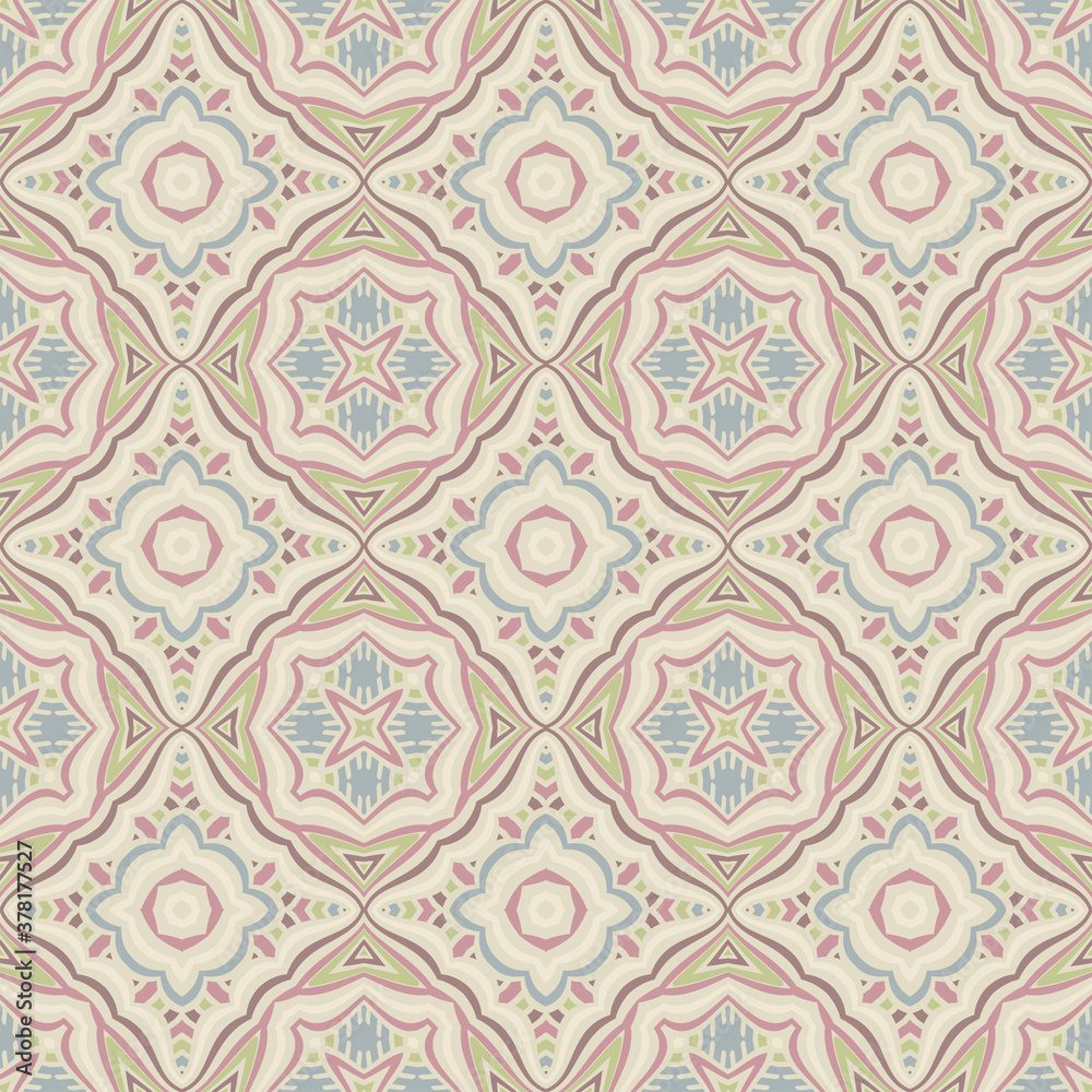 Creative color abstract geometric pattern in beige pink blue, vector seamless, can be used for printing onto fabric, interior, design, textile, pillow, carpet.
