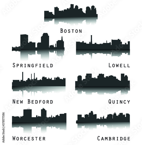 7 City Silhouette in Massachusetts ( Boston, New Bedford, Springfield, Lowell, Quincy, Worcester, Cambridge )