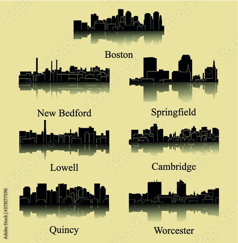 7 City Silhouette in Massachusetts ( Boston, New Bedford, Springfield, Lowell, Quincy, Worcester, Cambridge )