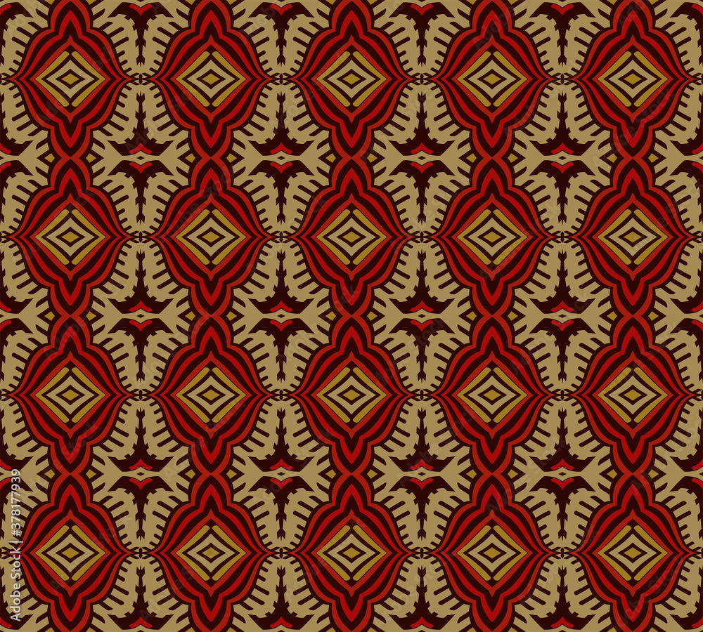 Creative color abstract geometric pattern in red and gold, vector seamless, can be used for printing onto fabric, interior, design, textile, pillow, carpet.