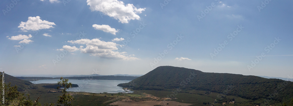 Obraz premium Panorama of Lake Vico.Is a caldera lake in the northern Lazio region,central Italy.And one of the highest major Italian lakes, with an altitude of 510 m.Photography from View point of the Cimini Hills