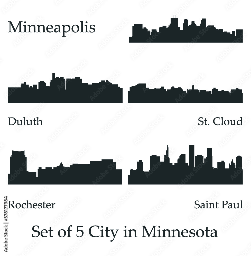 5 City Silhouette in Minnesota ( Minneapolis, Rochester, Saint Paul, St. Cloud, Duluth )