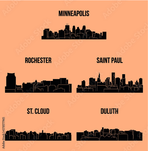 5 City Silhouette in Minnesota ( Minneapolis, Rochester, Saint Paul, St. Cloud, Duluth )