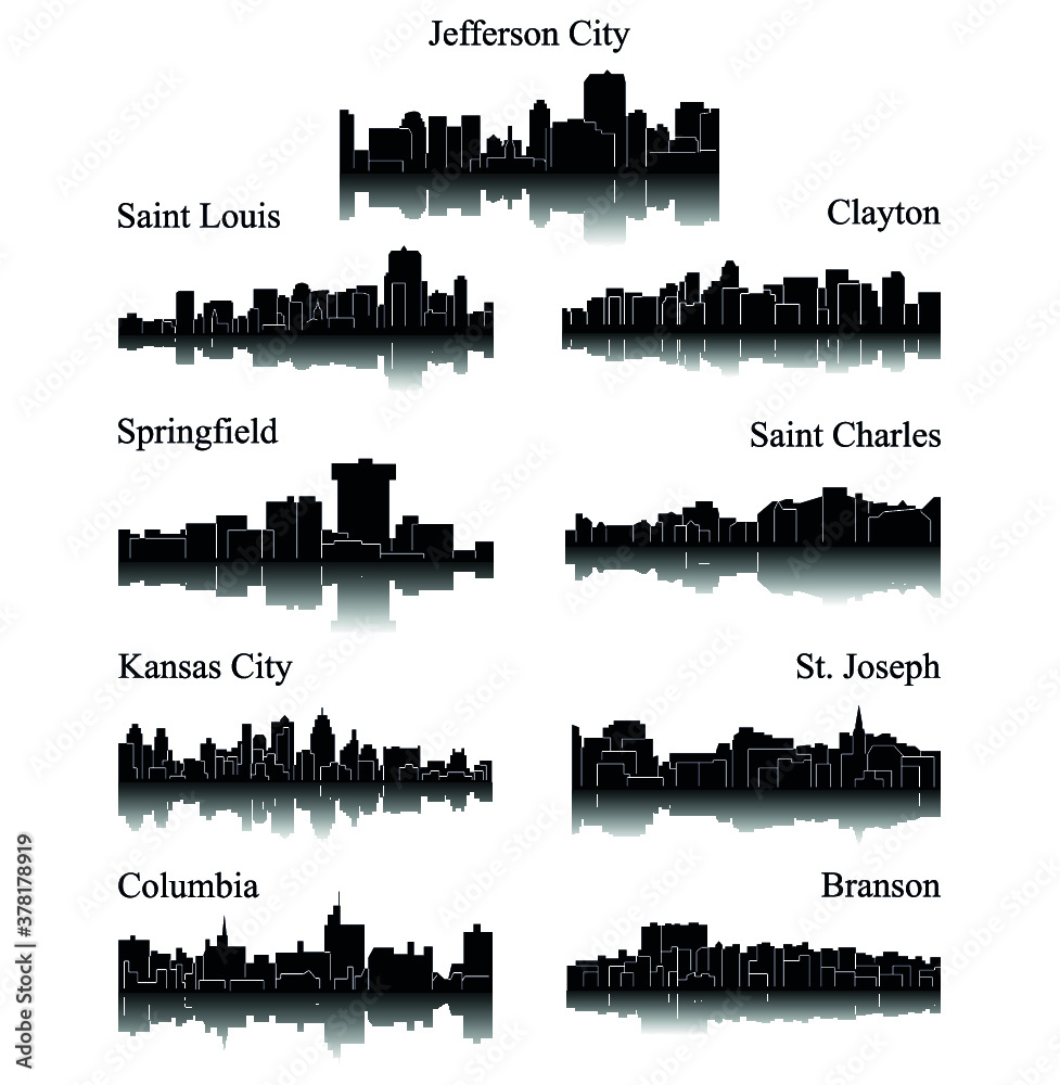 9 city silhouette in Missouri ( Jefferson City, Saint Louis, Clayton, Springfield, Saint Charles, Kansas City, St. Joseph, Columbia, Branson )