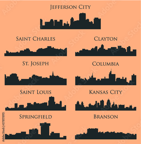 9 city silhouette in Missouri ( Jefferson City, Saint Louis, Clayton, Springfield, Saint Charles, Kansas City, St. Joseph, Columbia, Branson )