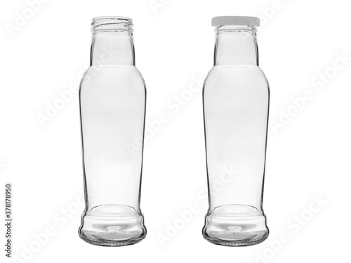 Two empty glass bottles. One is open, the other is closed with a metal lid. Isolated on a white background