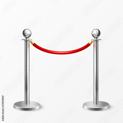 Vector 3d Realistic Chrome Fence for the Red Carpet Closeup Isolated on White Background. Red Barrier Rope. Silver pole. Front View. Luxury, VIP concept. Equipment for Events