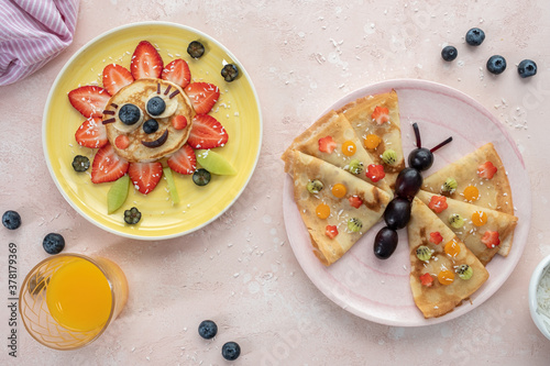 Funny Flower Pancake with berries for kids breakfast