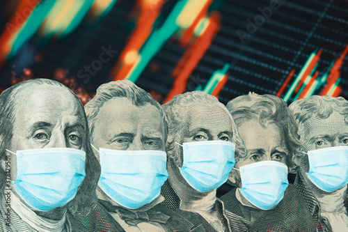 Different american presidents from dollar banknotes with a face masks on stock market background background. Concept of the global financial crisis and pandemic