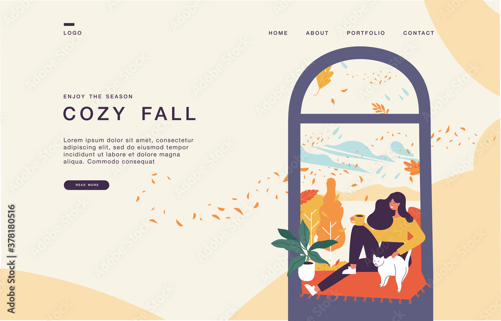 Landing page template for websites with young woman sitting in the window and drinking tea or coffee. Fall season conception. Landing page template for websites with young woman sitting in the window and drinking tea or coffee. Fall season conception.