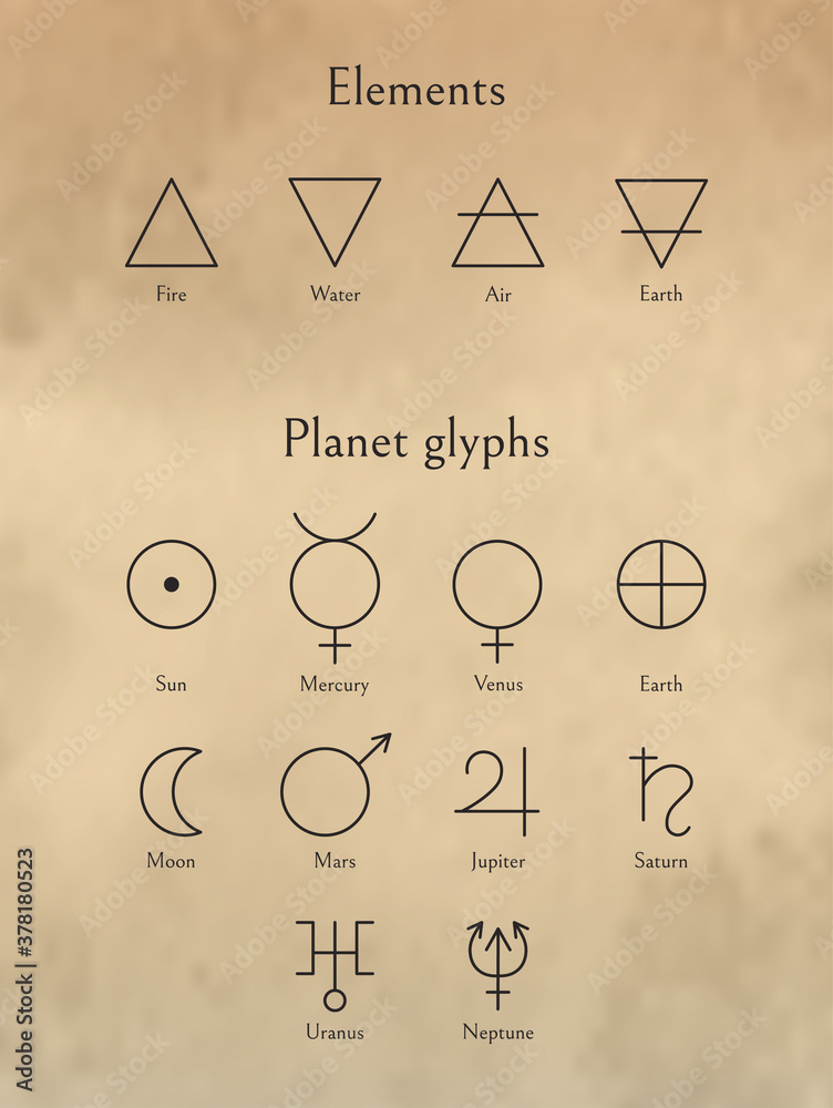 Elements Signs And Planet Glyphs Set. Planets Symbols And Fire, Water ...