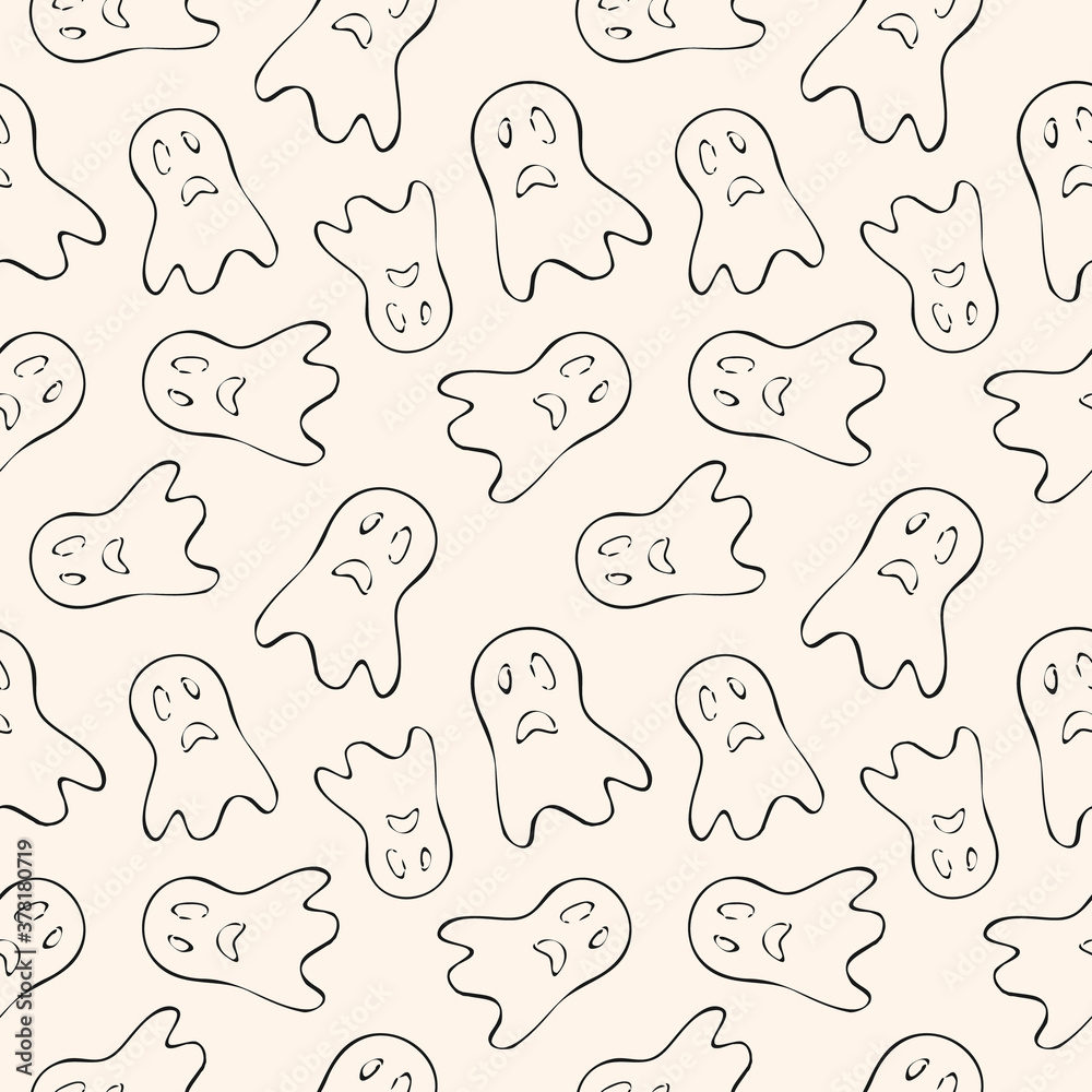 Halloween vector seamless pattern. Black and white abstract texture with scary face, ghost silhouette. Simple monochrome linear background. Creepy funny design for decoration, print, wrapping, cover Halloween vector seamless pattern. Black and white abstract texture with scary face, ghost silhouette. Simple monochrome linear background. Creepy funny design for decoration, print, wrapping, cover