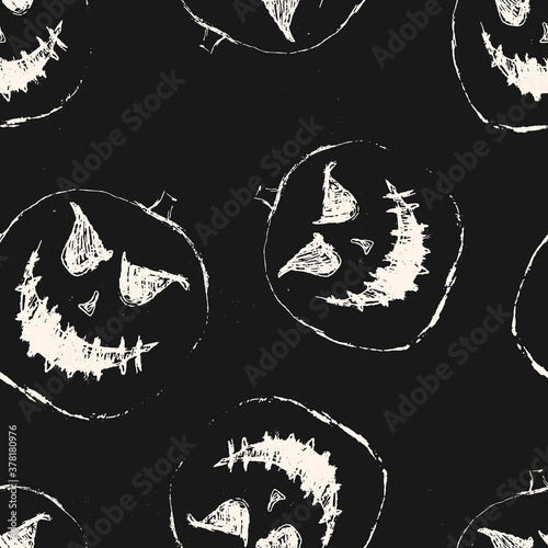 Halloween vector seamless pattern. Black and white abstract texture with scary pumpkin face, Jack o lantern silhouette. Simple monochrome background. Creepy dark design for decor, print, wrapping