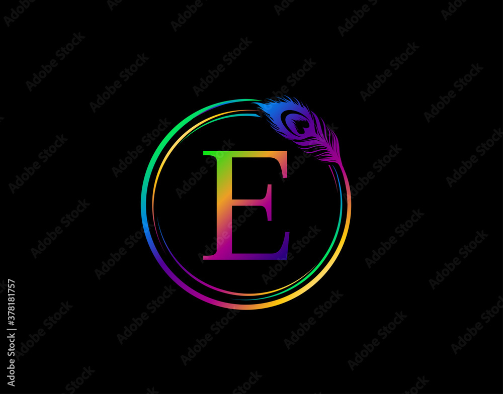 Obraz premium E Letter Decorated With Hologram Color Peacock Feather. Circle Badge With Peacock Feather.