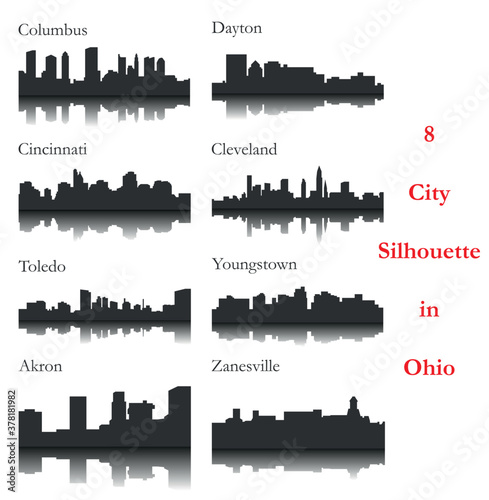 Set of 8 city silhouette in Ohio ( Columbus, Cleveland, Cincinnati, Youngstown, Dayton, Toledo, Akron, Zanesville )