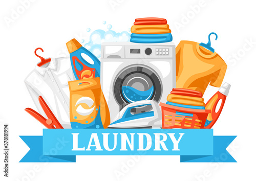 Laundry service background with professional items.