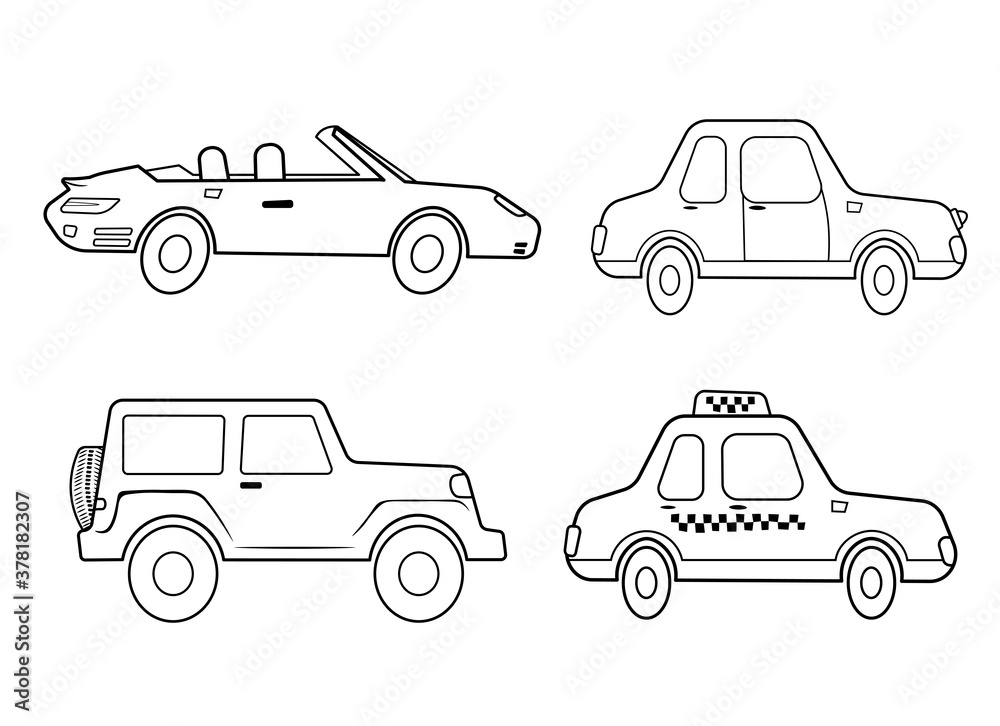 Funny coloring kids transport set. Cars and vehicles cartoon vector ...