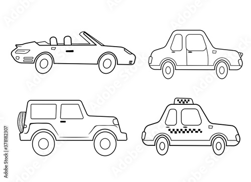 Funny coloring kids transport set. Cars and vehicles cartoon vector black and white illustration isolated on white background