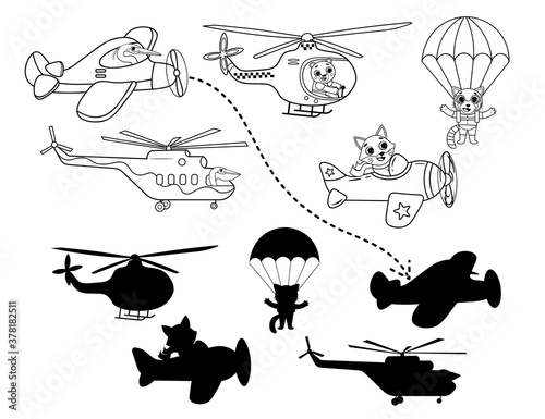 Coloring outline puzzle page for preschool kids. Find the correct shadow game. Matching. Transport for children. Black and white