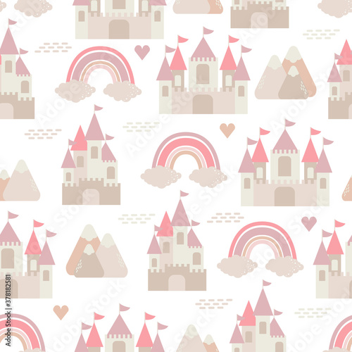 cute castle kingdom cartoon seamless pattern print surface design illustration