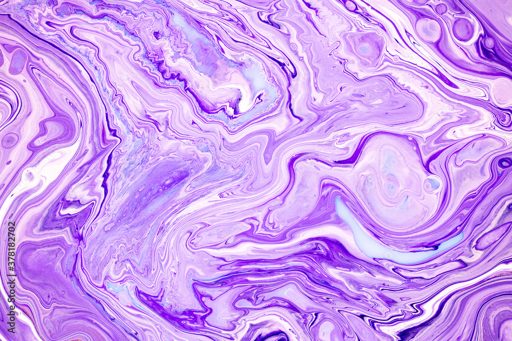 Fototapeta premium Fluid art texture. Background with abstract swirling paint effect. Liquid acrylic artwork with colorful mixed paints. Can be used for background or poster. Purple and white overflowing colors