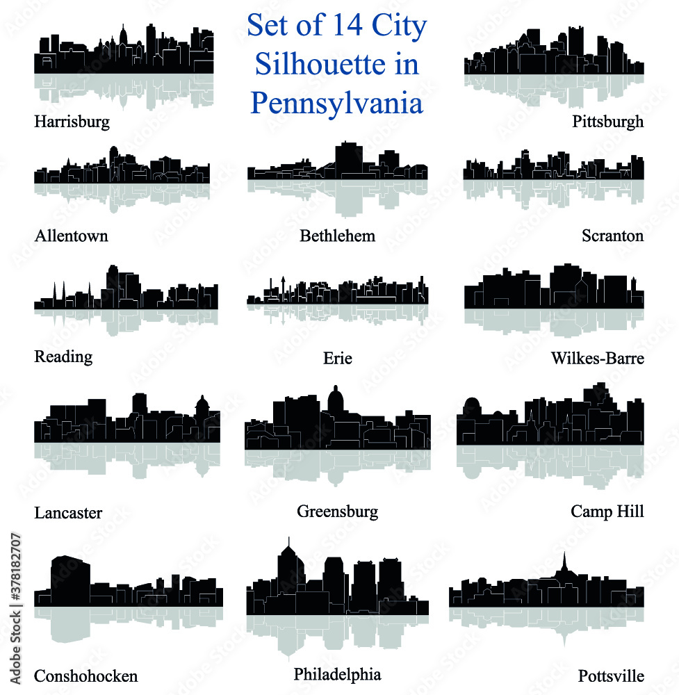 Set of 14 city silhouette in Pennsylvania (Philadelphia, Bethlehem, Harrisburg, Pittsburg, Erie, Lancaster, Reading, Allentown, Scranton, Pottsville, Greensburg, Camp Hill, Wilkes-Barre, Conshohocken)