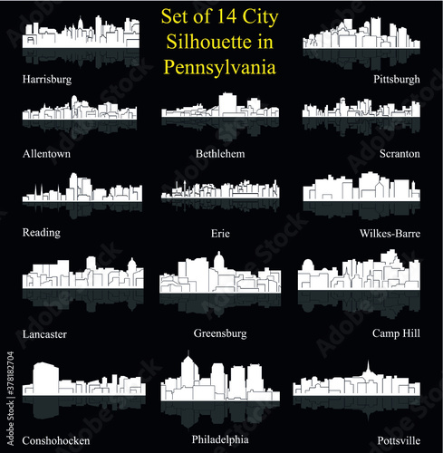 Set of 14 city silhouette in Pennsylvania (Philadelphia, Bethlehem, Harrisburg, Pittsburg, Erie, Lancaster, Reading, Allentown, Scranton, Pottsville, Greensburg, Camp Hill, Wilkes-Barre, Conshohocken)