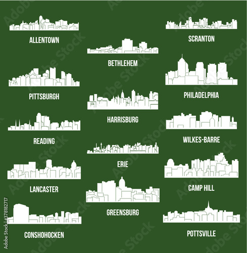 Set of 14 city silhouette in Pennsylvania (Philadelphia, Bethlehem, Harrisburg, Pittsburg, Erie, Lancaster, Reading, Allentown, Scranton, Pottsville, Greensburg, Camp Hill, Wilkes-Barre, Conshohocken)