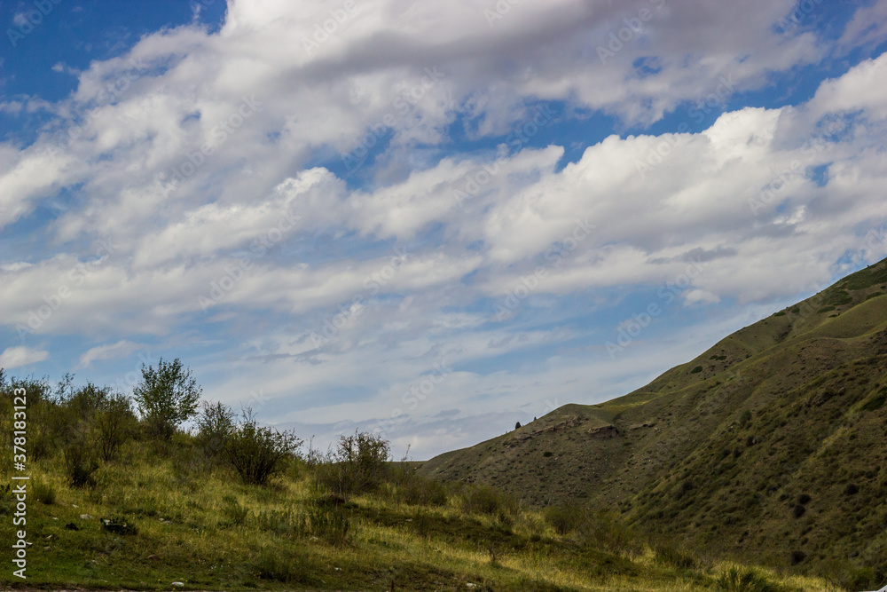 Beautiful Summer scenery. Mountains, hills, green grass, trees and cloudy blue sky. Kazakhstan.