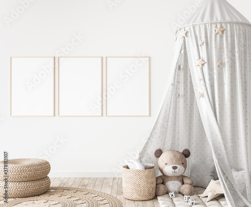 Three vertical frames in children room mock up, kids room design in farmhouse style, 3d render