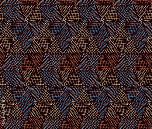 Colored hatched triangles. Abstract geometric vector doodle seamless pattern.