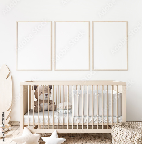 Poster frame mock up in child bedroom, Scandinavian unisex nursery design, 3d render