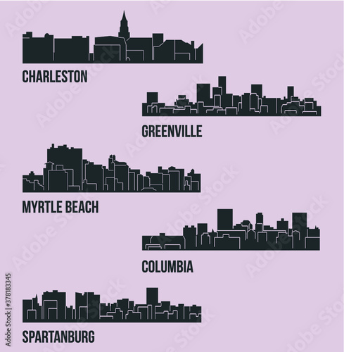 Set of 5 city silhouette in South Carolina ( Charleston, Greenville, Myrtle Beach, Spartanburg, Columbia )