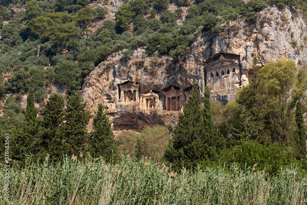 Lycian Royal mountain tombs carved into the rocks near the town of Dalyan in the province of Marmaris in Turkey