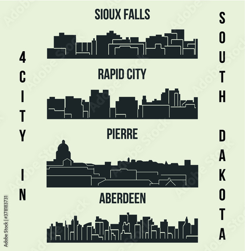 Set of 4 city silhouette in South Dakota ( Pierre, Rapid City, Sioux Falls, Aberdeen )