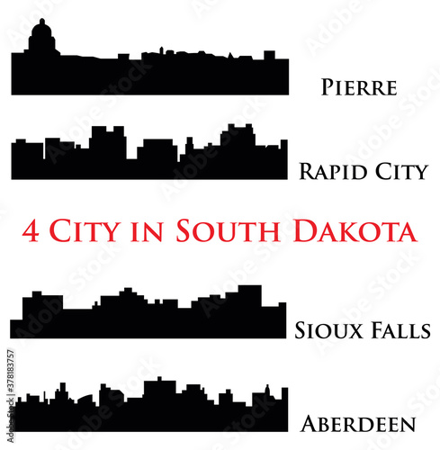 Set of 4 city silhouette in South Dakota ( Pierre, Rapid City, Sioux Falls, Aberdeen ) photo