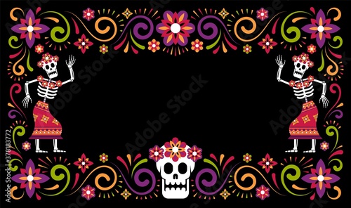 Day of dead mexican halloween ornamental frame with skeletons Catrina Calavera. Dia de Muertos poster with sugar skull. Vector illustartion.